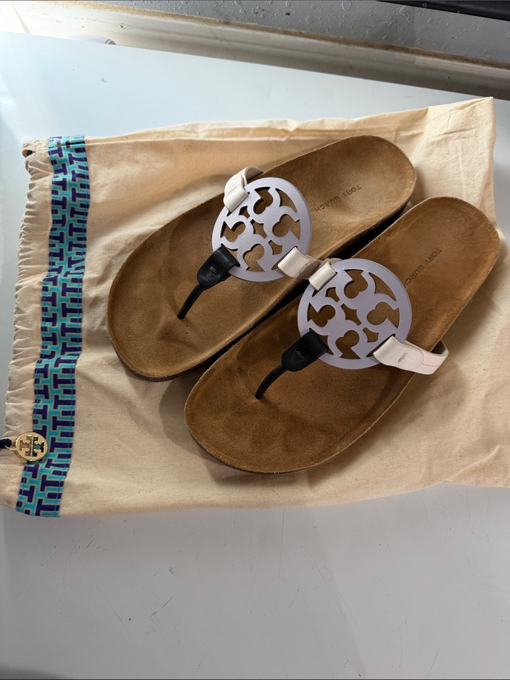 Tory Burch Cream and Lilac Logo Thong Sandals